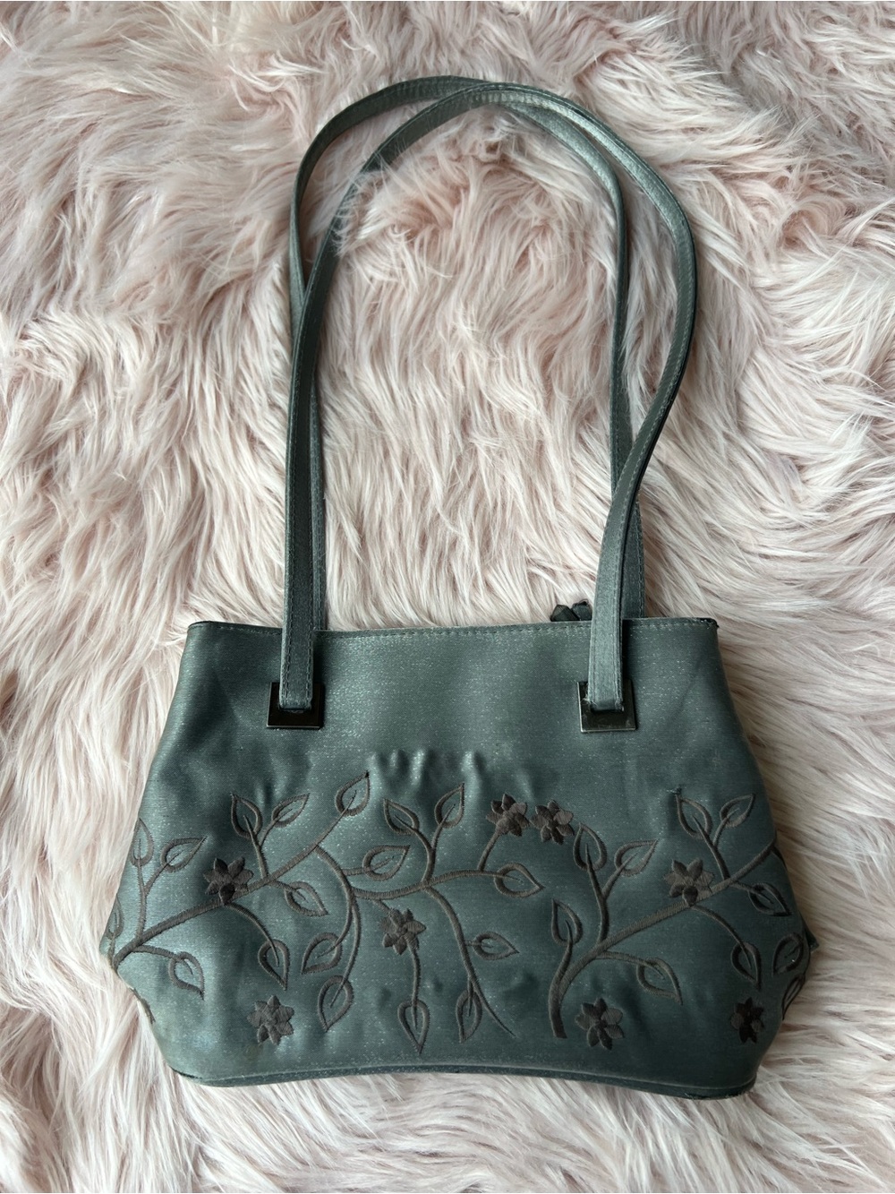 Vintage Grey Satin Green Floral Embossed Shoulder Bag